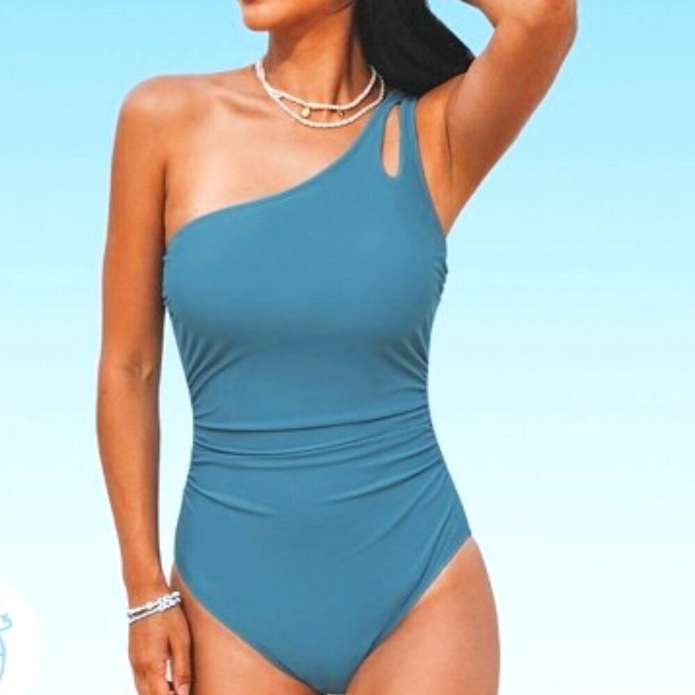 🆕🎉NWT Cupshe Blue Gray One-Shoulder Ruched One-Piece Swimsuit